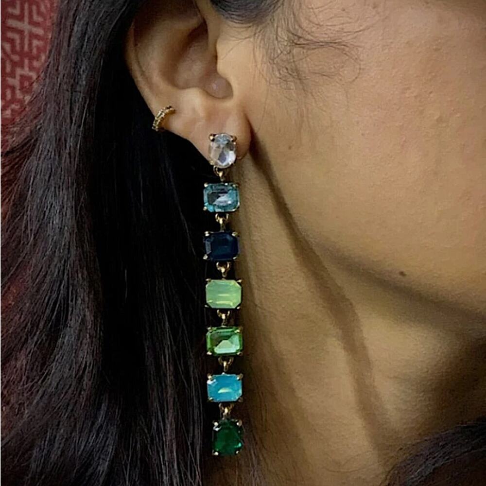 Antique Gold Emerald Cut Crystal Opal Sapphire Aquamarine Tassel Drop Earrings - Picture 3 of 12